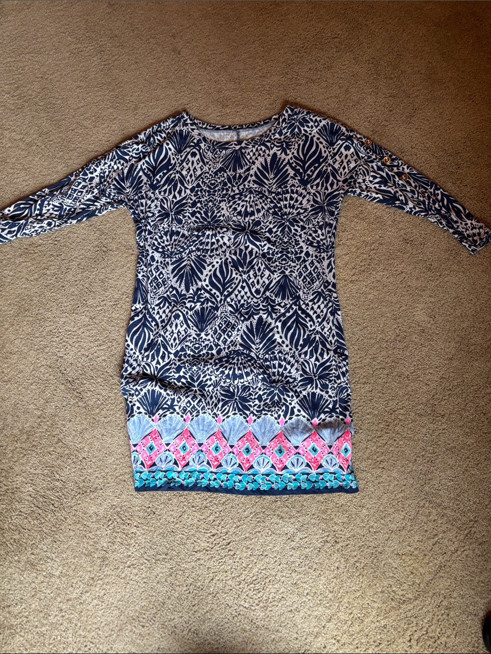 Lilly Pulitzer Navy and White Patterned Shift Dress with Pink and Aqua Border